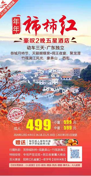 年年柿柿红，豪叹2晚五星酒店(diàn)、动車(chē)三天-广东独立、恭城月柿节、天籁蝴蝶泉-侗王夜宴、聚龙潭、竹筏漓江风光、象鼻山(shān)、西街(jiē)(图2)